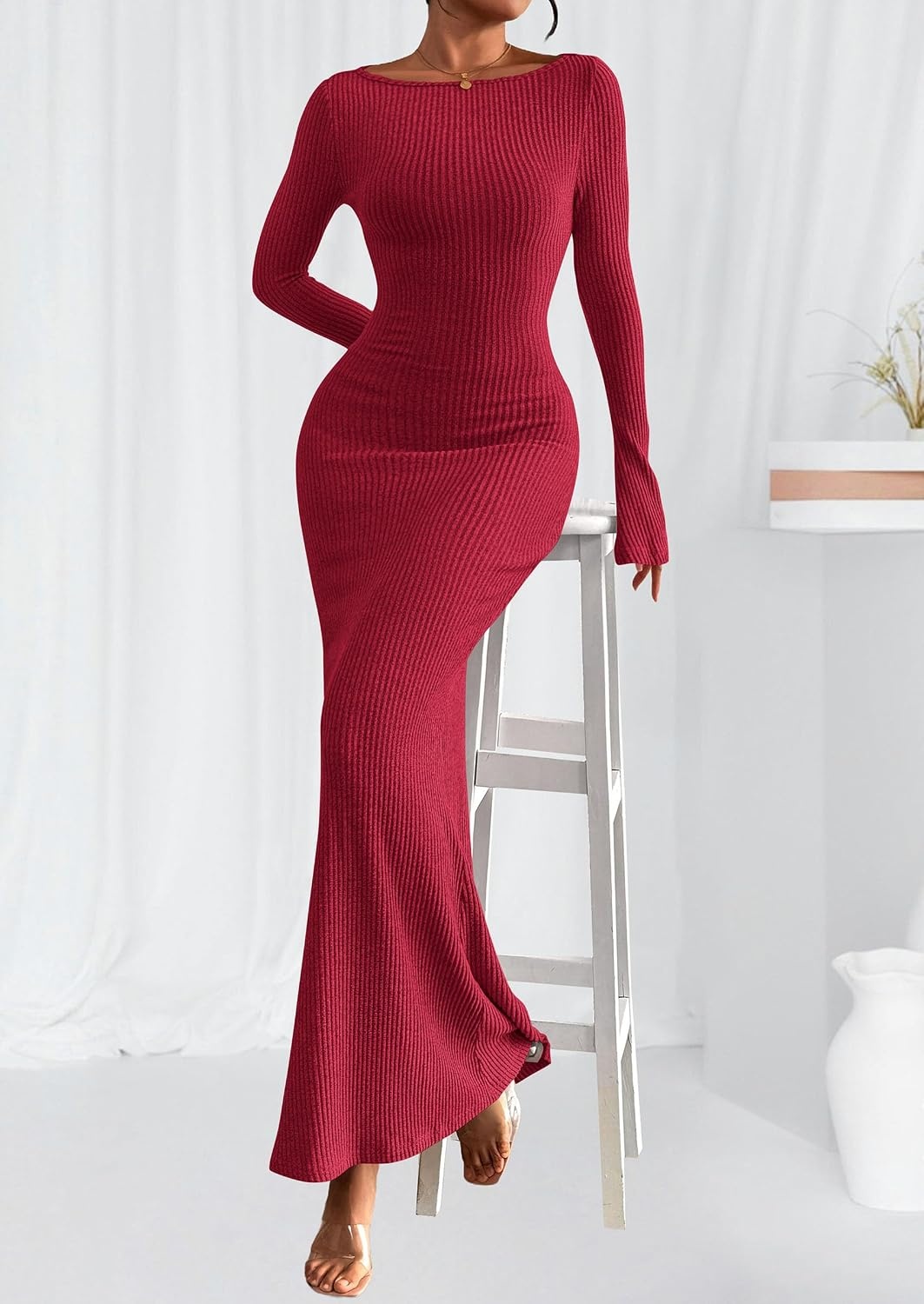 image:imagePRETTYGARDEN Womens Fall Fashion 2026 Long Sleeve Maxi Dress Ribbed Knit Boat Neck Bodycon Casual Dresses Going Out OutfitsRed