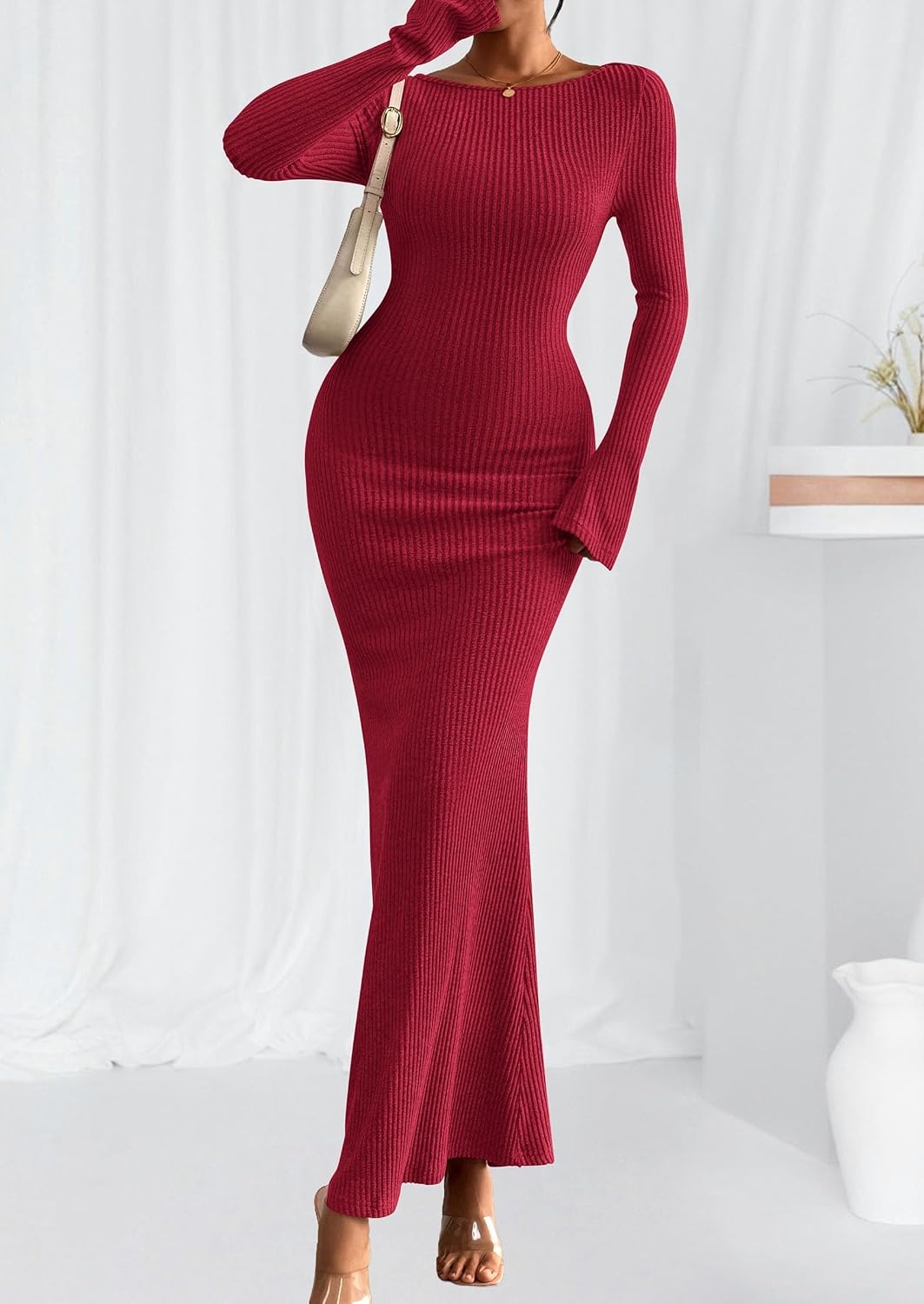 image:imagePRETTYGARDEN Womens Fall Fashion 2026 Long Sleeve Maxi Dress Ribbed Knit Boat Neck Bodycon Casual Dresses Going Out OutfitsRed