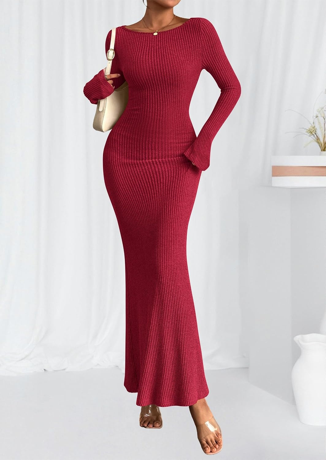 image:imagePRETTYGARDEN Womens Fall Fashion 2026 Long Sleeve Maxi Dress Ribbed Knit Boat Neck Bodycon Casual Dresses Going Out OutfitsRed