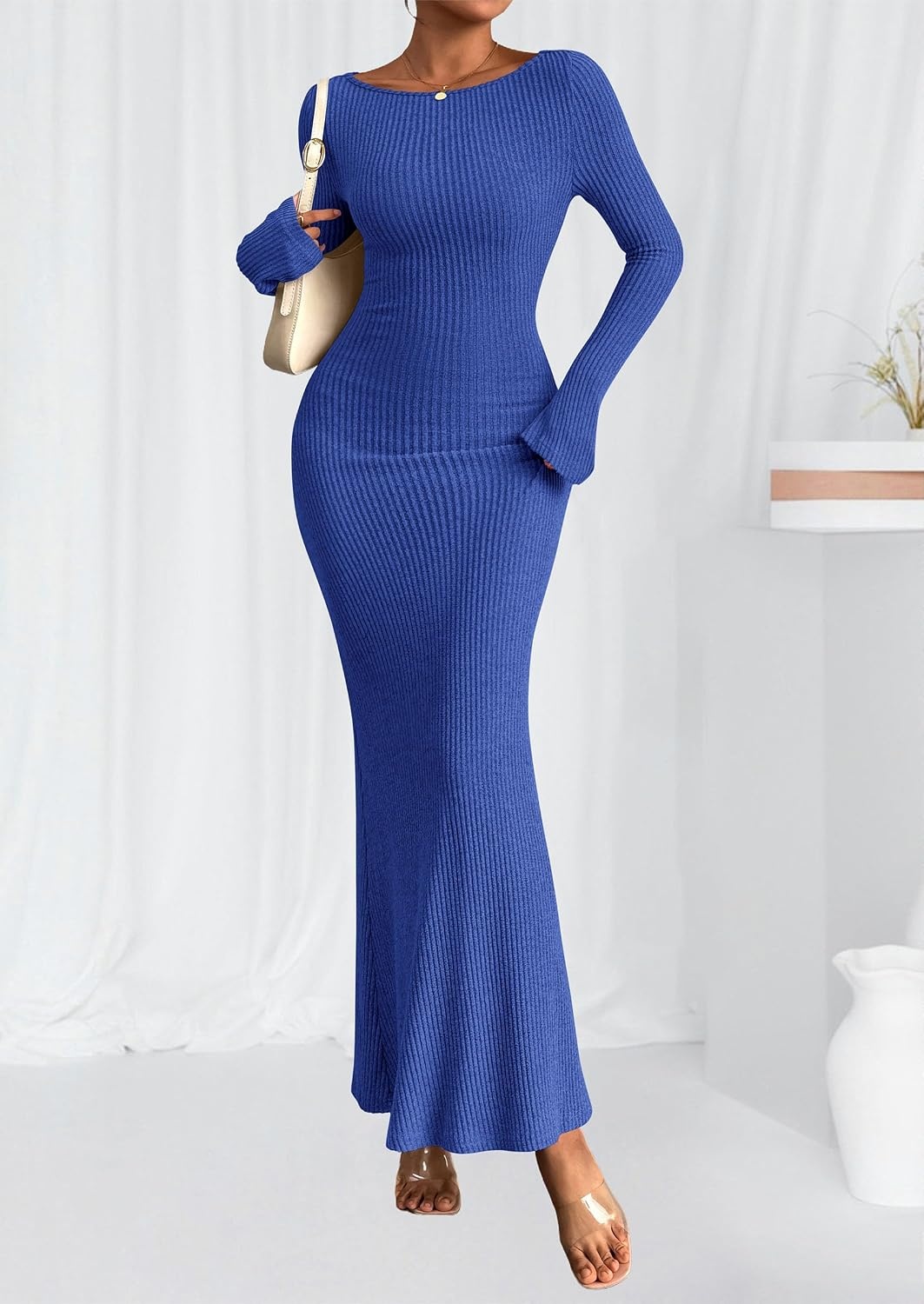 image:imagePRETTYGARDEN Womens Fall Fashion 2026 Long Sleeve Maxi Dress Ribbed Knit Boat Neck Bodycon Casual Dresses Going Out OutfitsRoyal Blue