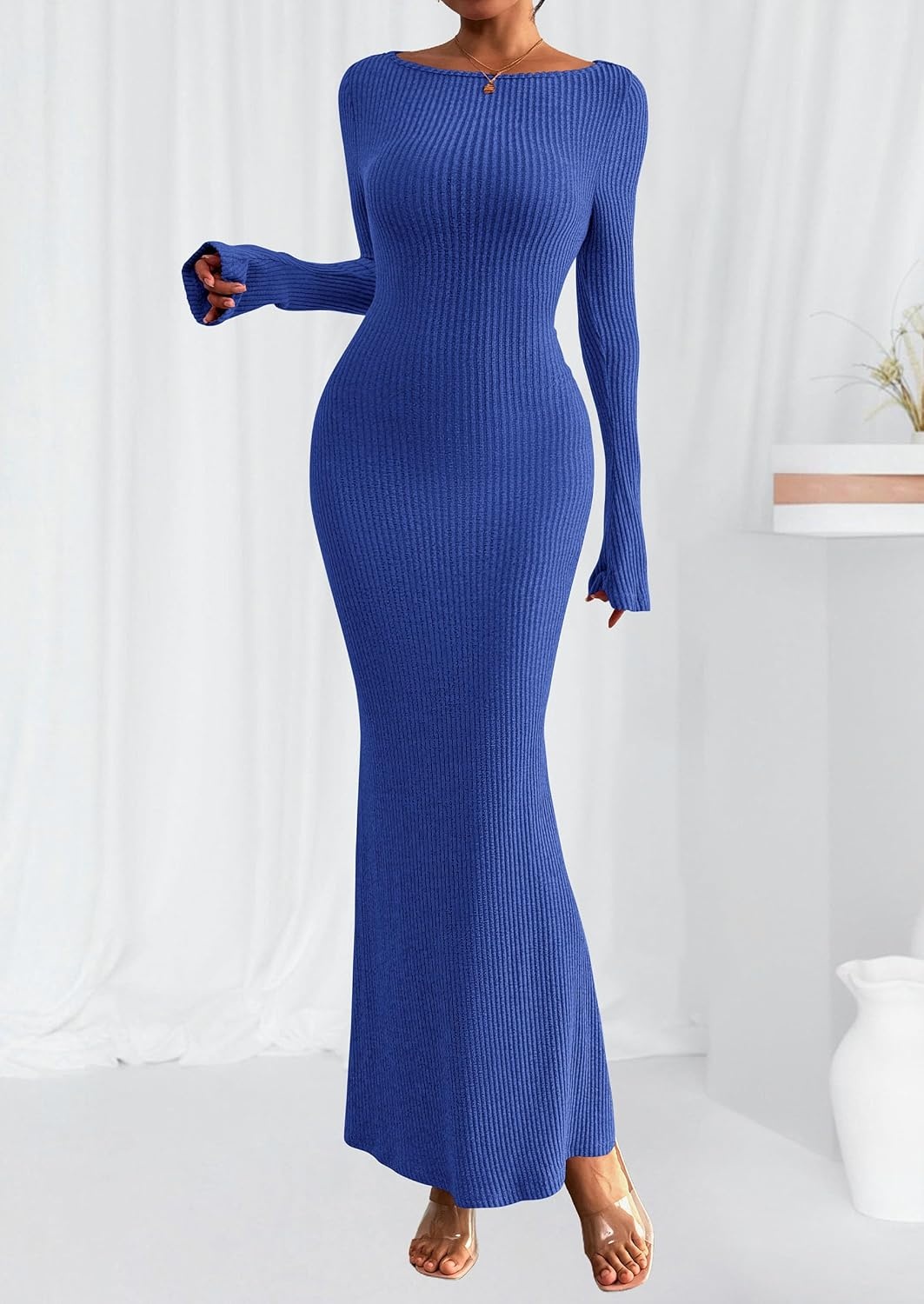 image:imagePRETTYGARDEN Womens Fall Fashion 2026 Long Sleeve Maxi Dress Ribbed Knit Boat Neck Bodycon Casual Dresses Going Out OutfitsRoyal Blue