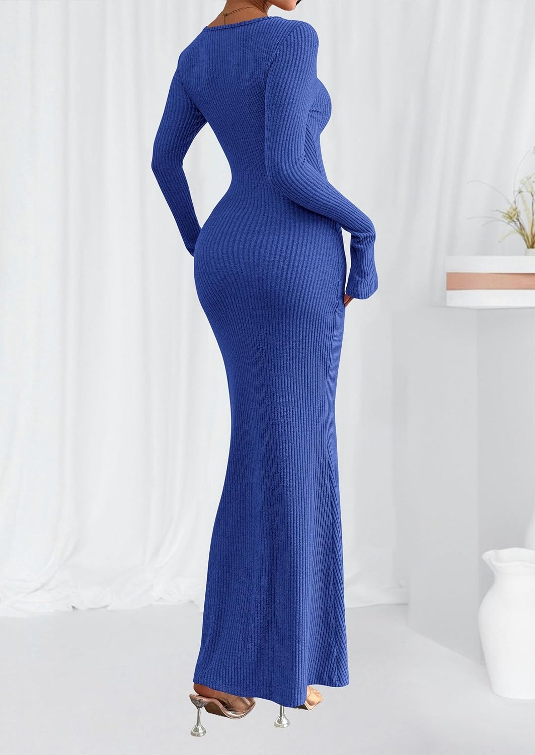 image:imagePRETTYGARDEN Womens Fall Fashion 2026 Long Sleeve Maxi Dress Ribbed Knit Boat Neck Bodycon Casual Dresses Going Out OutfitsRoyal Blue