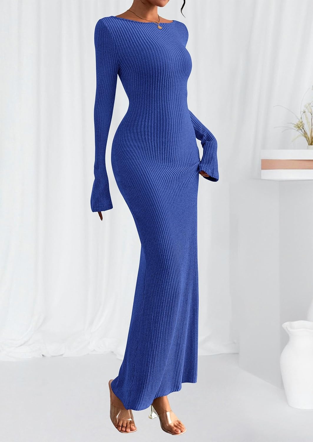 image:imagePRETTYGARDEN Womens Fall Fashion 2026 Long Sleeve Maxi Dress Ribbed Knit Boat Neck Bodycon Casual Dresses Going Out OutfitsRoyal Blue