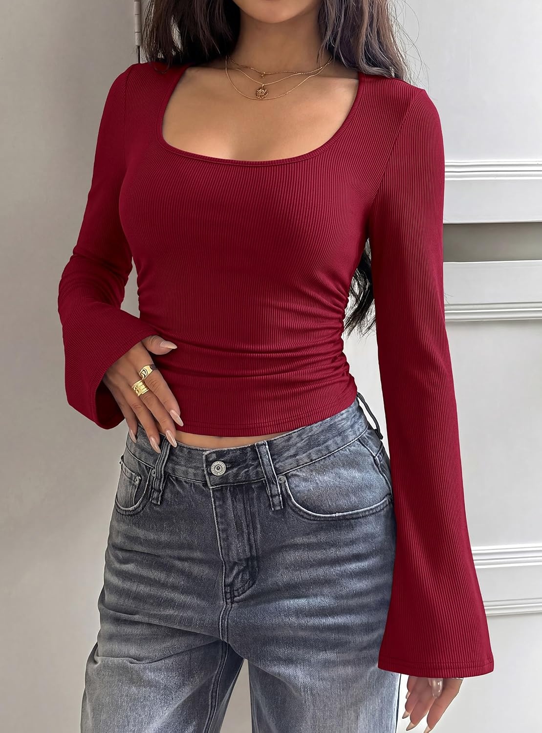 image:imagePRETTYGARDEN Womens Long Bell Sleeve Going Out Tops Fall Fashion 2026 Square Neck Ruched Ribbed Shirts Winter Y2K ClothesBurgundy