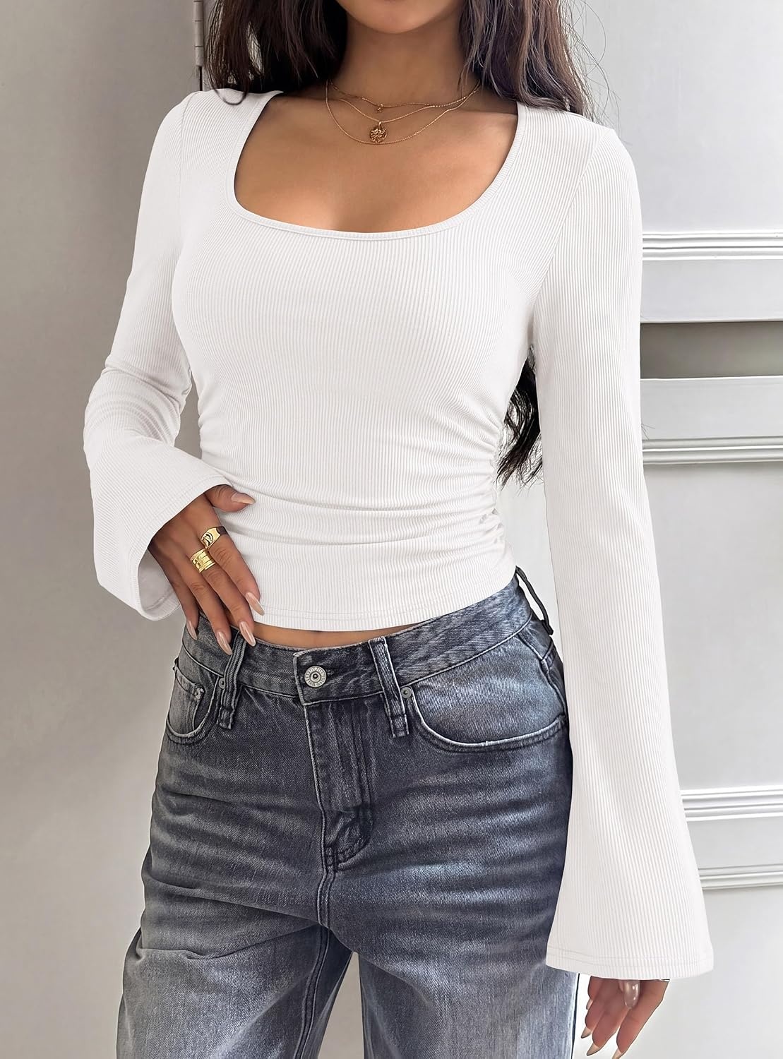 image:imagePRETTYGARDEN Womens Long Bell Sleeve Going Out Tops Fall Fashion 2026 Square Neck Ruched Ribbed Shirts Winter Y2K ClothesWhite