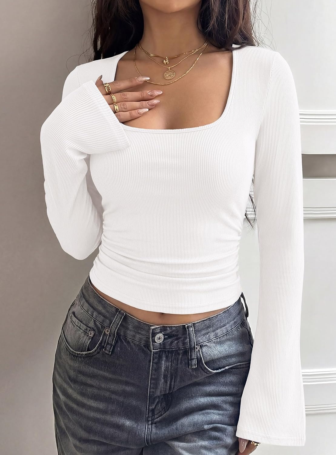 image:imagePRETTYGARDEN Womens Long Bell Sleeve Going Out Tops Fall Fashion 2026 Square Neck Ruched Ribbed Shirts Winter Y2K ClothesWhite