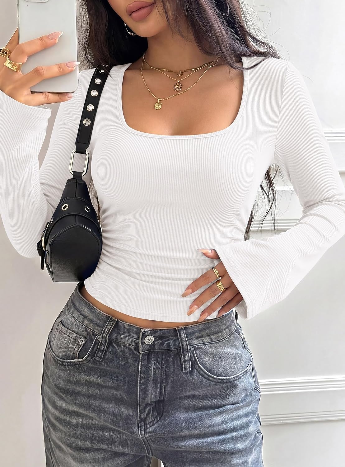 image:imagePRETTYGARDEN Womens Long Bell Sleeve Going Out Tops Fall Fashion 2026 Square Neck Ruched Ribbed Shirts Winter Y2K ClothesWhite