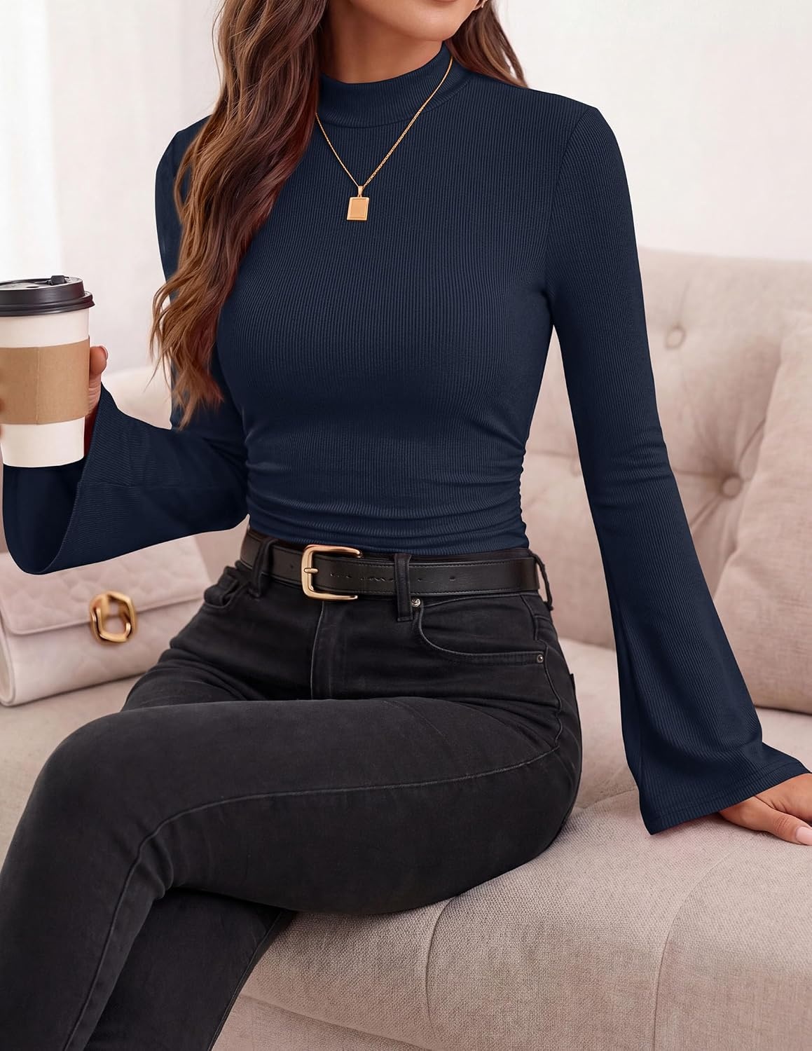 image:imagePRETTYGARDEN Womens Long Bell Sleeve Mock Neck Ribbed Tops Ribbed Flare Bell Sleeve Top Flattering Ruched Waist Y2K Clothes Dressy Casual Shirts Fall Winter Work Going Out OutfitsNavy