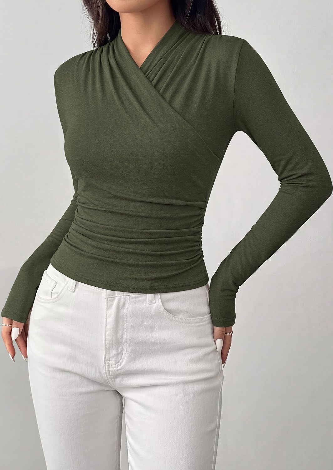 image:imagePRETTYGARDEN Womens Long Sleeve Shirts 2026 Fall V Neck Cross Wrap Going Out Top Ribbed Ruched Fitted Business Casual ClothesArmy Green