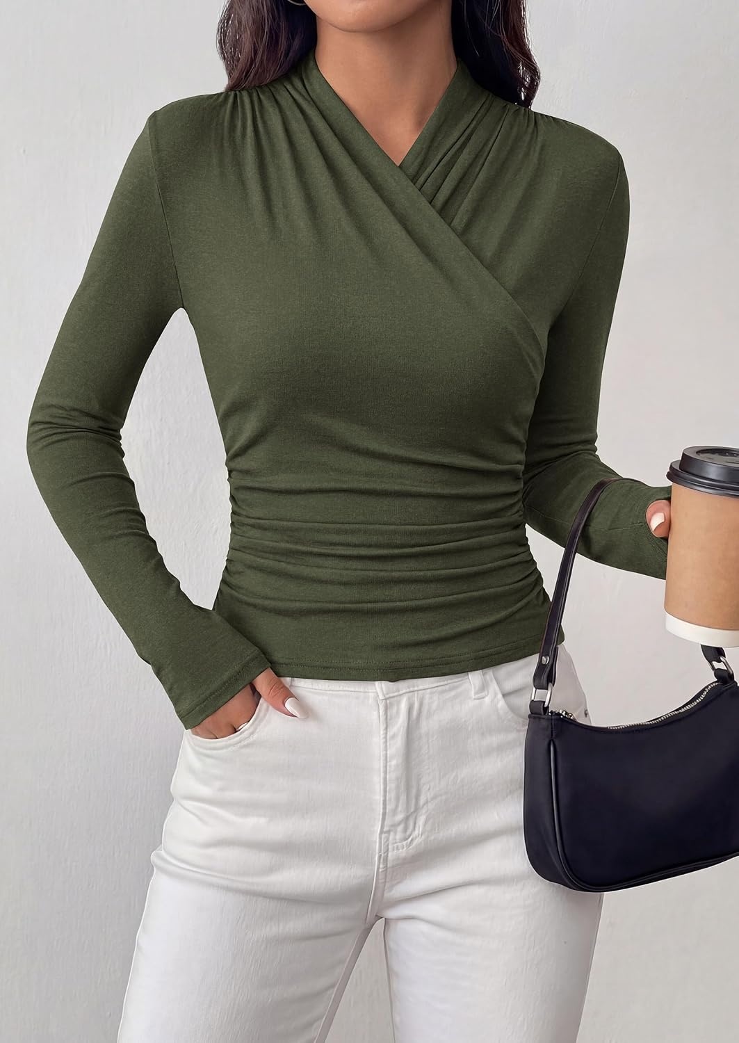 image:imagePRETTYGARDEN Womens Long Sleeve Shirts 2026 Fall V Neck Cross Wrap Going Out Top Ribbed Ruched Fitted Business Casual ClothesArmy Green