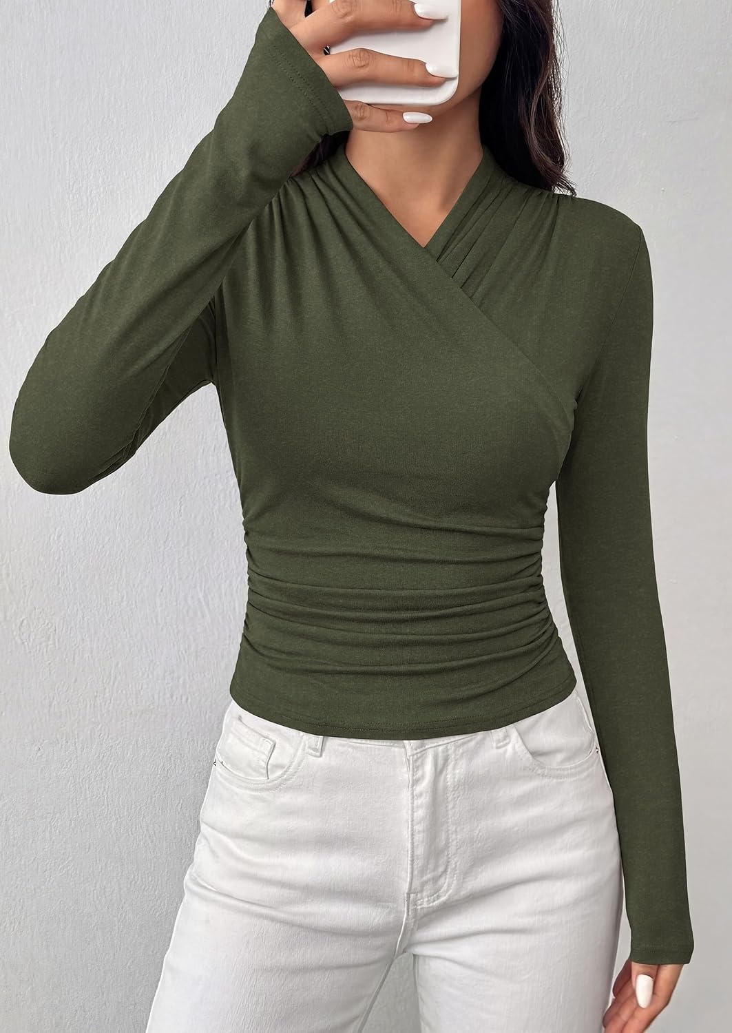 image:imagePRETTYGARDEN Womens Long Sleeve Shirts 2026 Fall V Neck Cross Wrap Going Out Top Ribbed Ruched Fitted Business Casual ClothesArmy Green