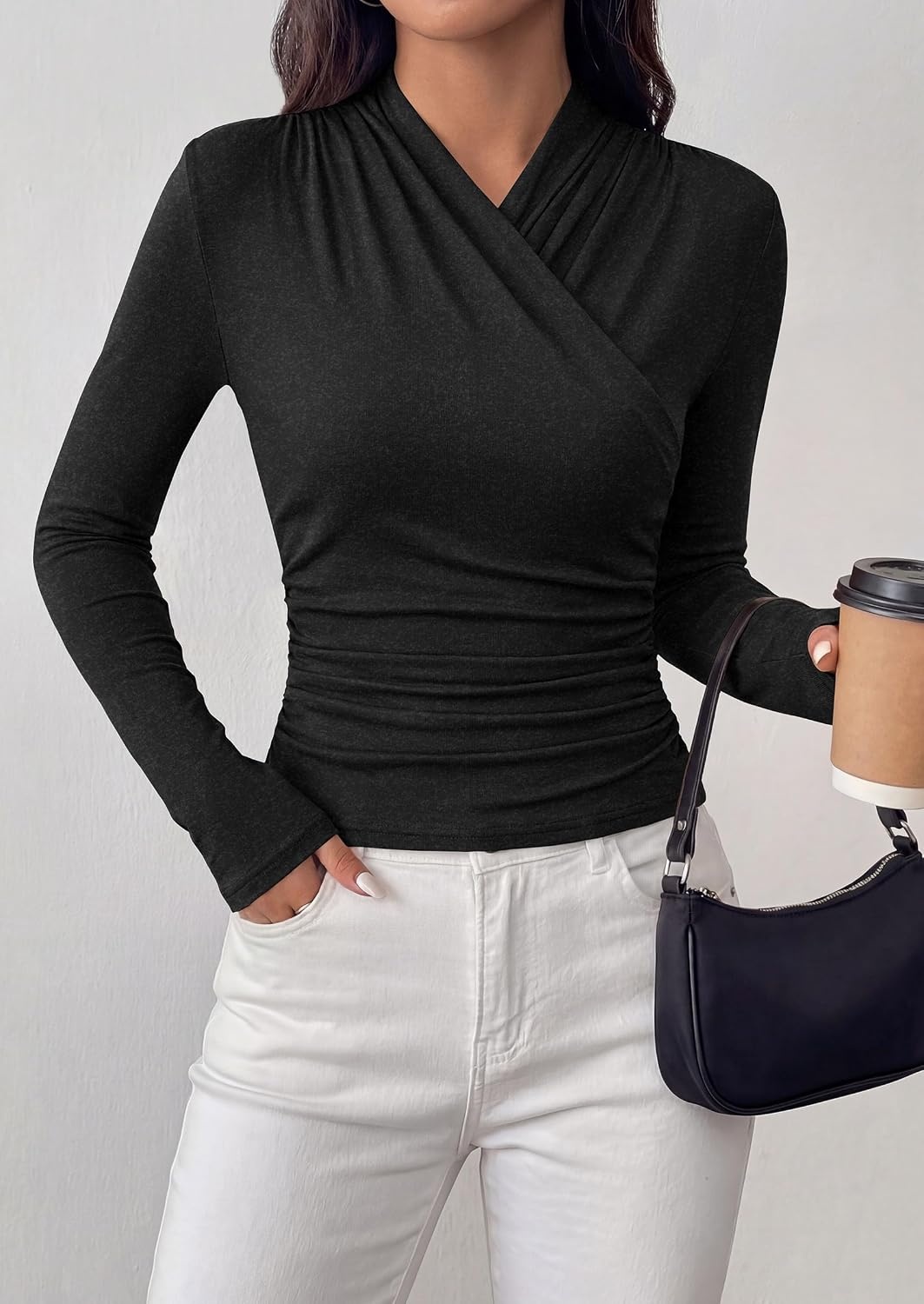 image:imagePRETTYGARDEN Womens Long Sleeve Shirts 2026 Fall V Neck Cross Wrap Going Out Top Ribbed Ruched Fitted Business Casual ClothesBlack