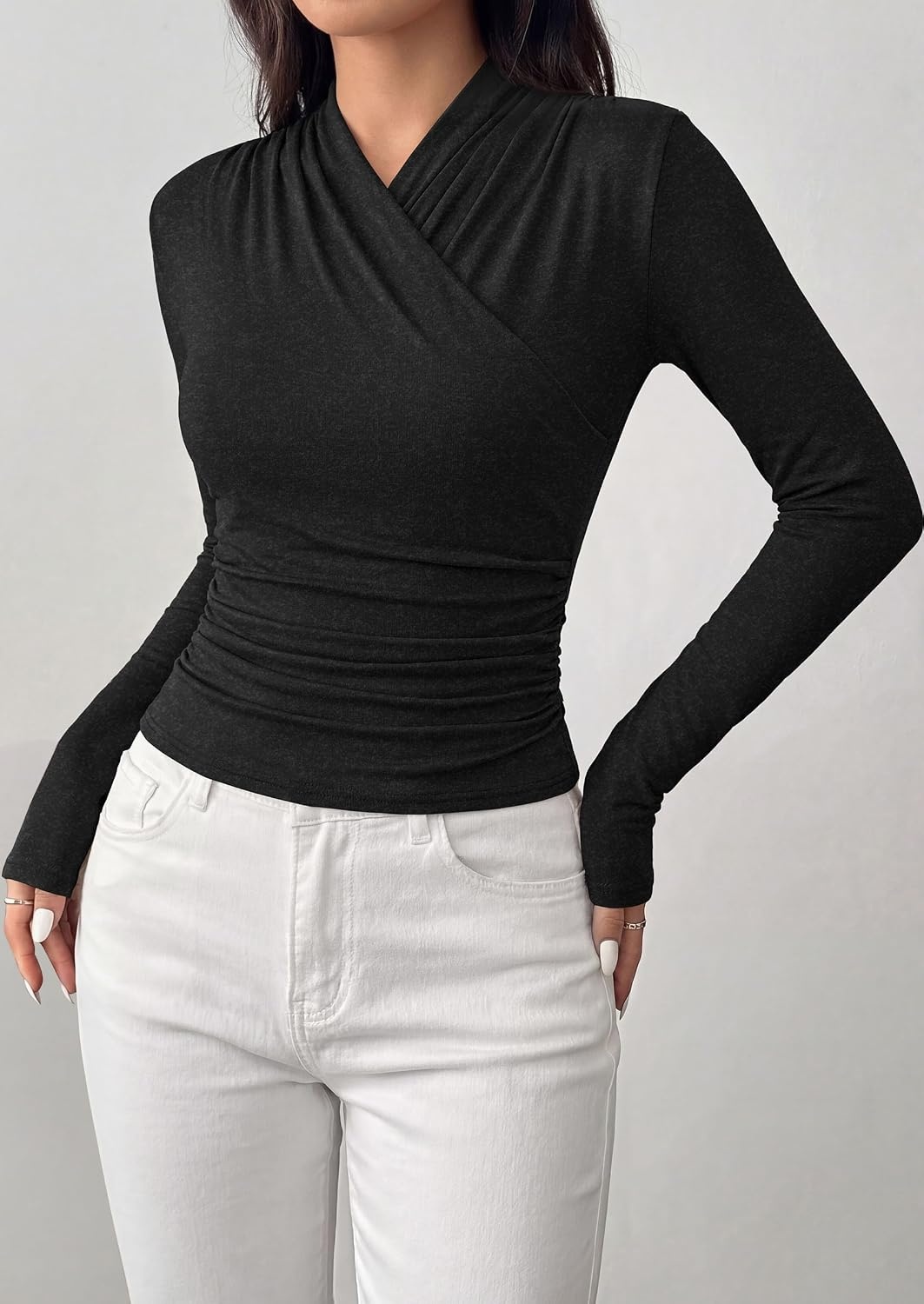 image:imagePRETTYGARDEN Womens Long Sleeve Shirts 2026 Fall V Neck Cross Wrap Going Out Top Ribbed Ruched Fitted Business Casual ClothesBlack