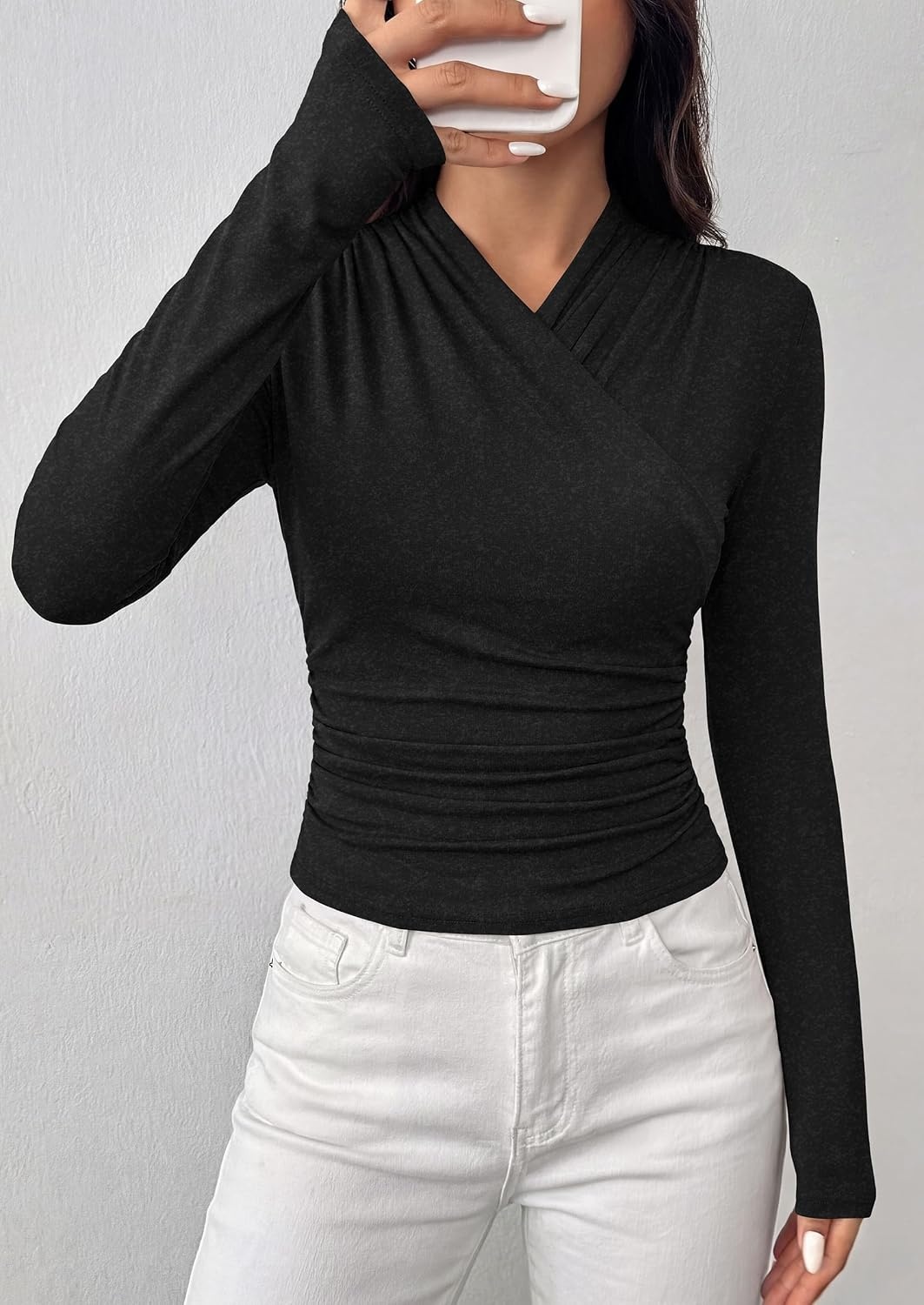image:imagePRETTYGARDEN Womens Long Sleeve Shirts 2026 Fall V Neck Cross Wrap Going Out Top Ribbed Ruched Fitted Business Casual ClothesBlack