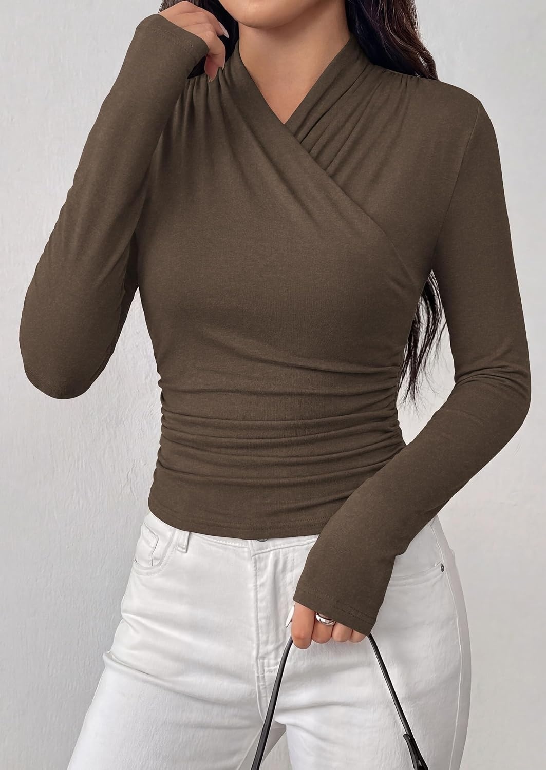 image:imagePRETTYGARDEN Womens Long Sleeve Shirts 2026 Fall V Neck Cross Wrap Going Out Top Ribbed Ruched Fitted Business Casual ClothesBrown
