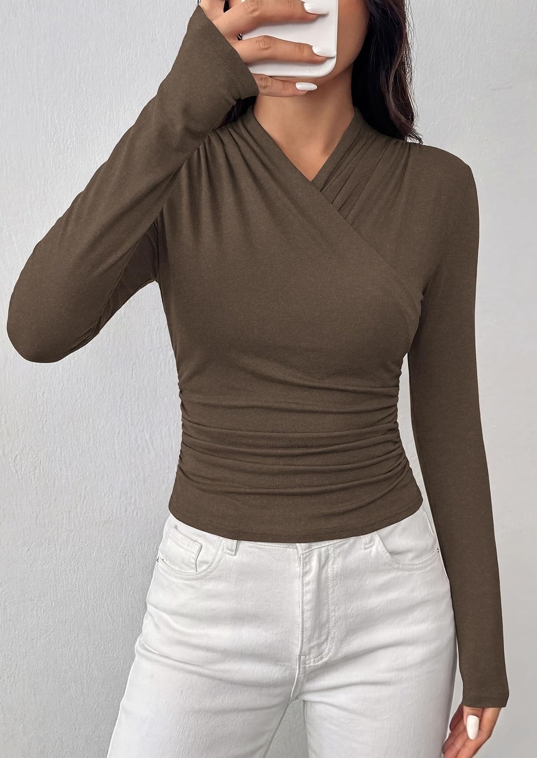 image:imagePRETTYGARDEN Womens Long Sleeve Shirts 2026 Fall V Neck Cross Wrap Going Out Top Ribbed Ruched Fitted Business Casual ClothesBrown