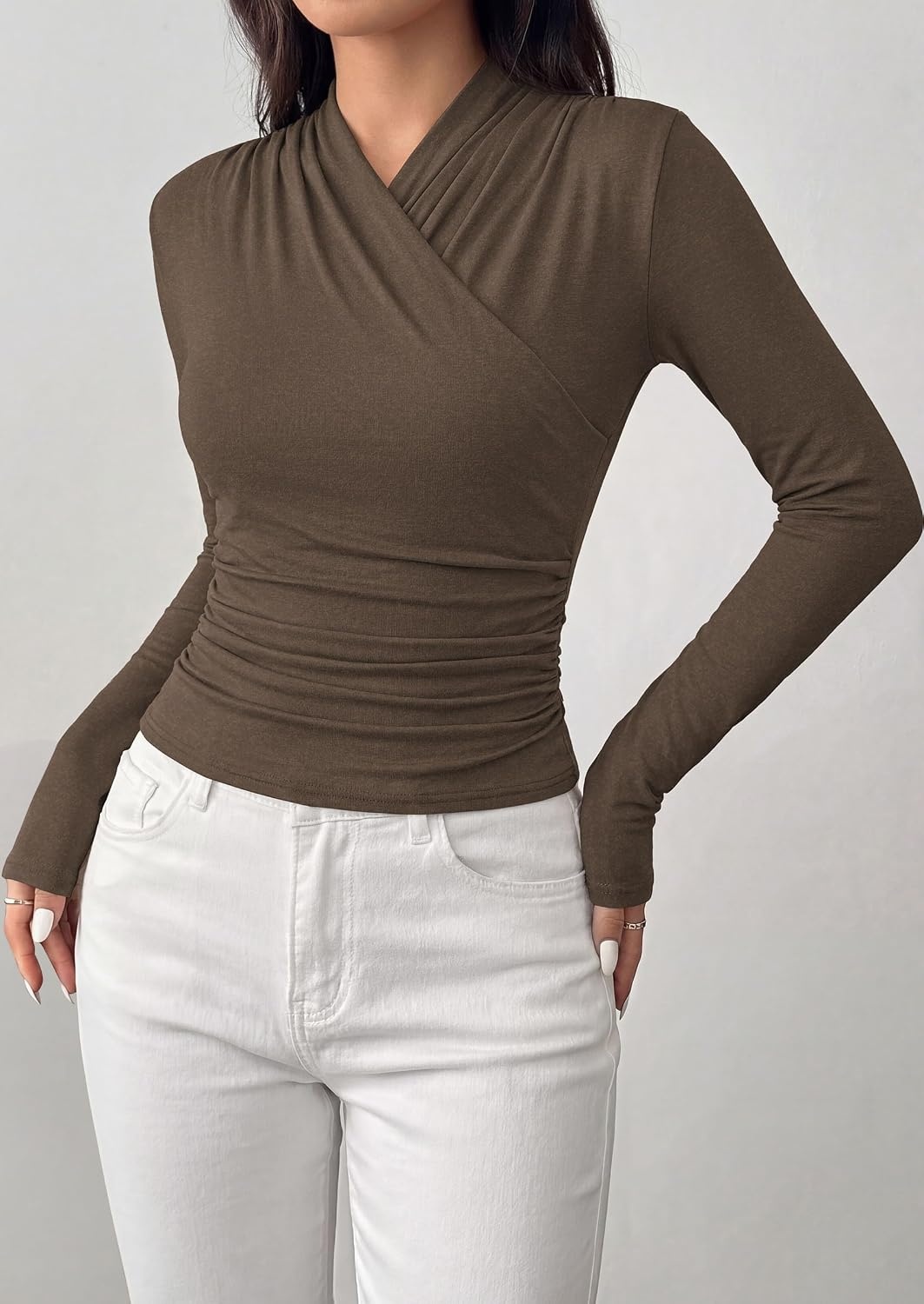 image:imagePRETTYGARDEN Womens Long Sleeve Shirts 2026 Fall V Neck Cross Wrap Going Out Top Ribbed Ruched Fitted Business Casual ClothesBrown