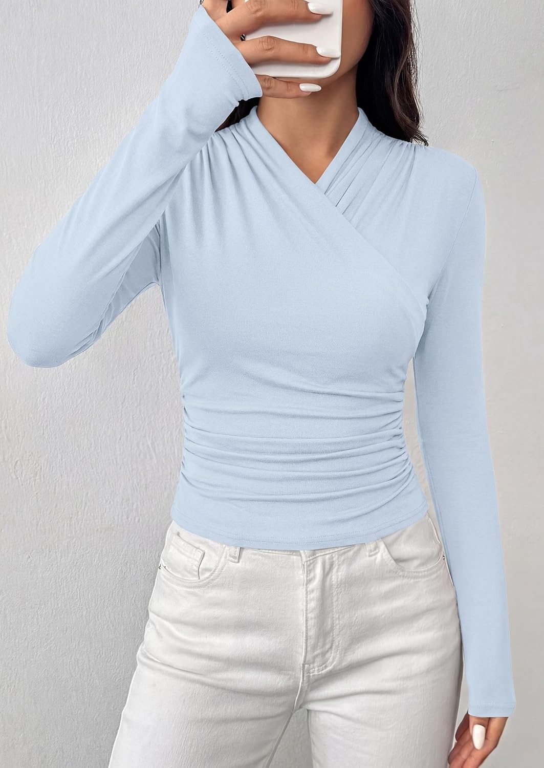 image:imagePRETTYGARDEN Womens Long Sleeve Shirts 2026 Fall V Neck Cross Wrap Going Out Top Ribbed Ruched Fitted Business Casual ClothesLight Blue