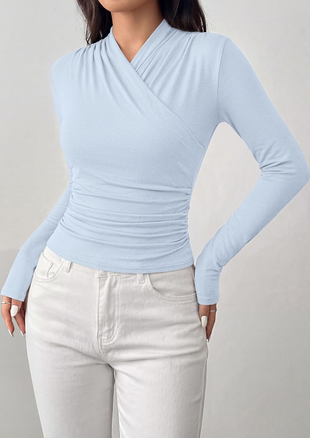 image:imagePRETTYGARDEN Womens Long Sleeve Shirts 2026 Fall V Neck Cross Wrap Going Out Top Ribbed Ruched Fitted Business Casual ClothesLight Blue