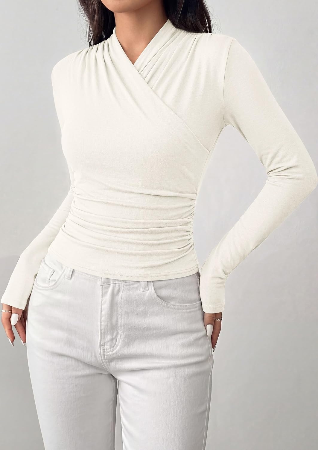 image:imagePRETTYGARDEN Womens Long Sleeve Shirts 2026 Fall V Neck Cross Wrap Going Out Top Ribbed Ruched Fitted Business Casual ClothesWhite