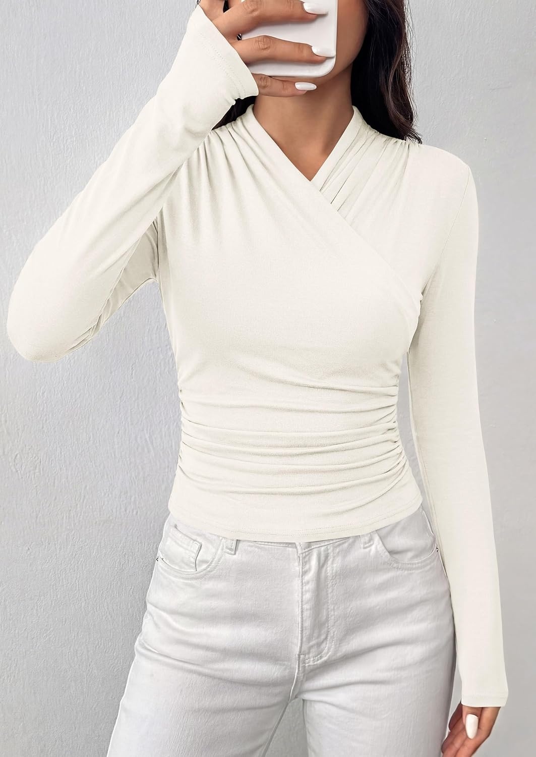 image:imagePRETTYGARDEN Womens Long Sleeve Shirts 2026 Fall V Neck Cross Wrap Going Out Top Ribbed Ruched Fitted Business Casual ClothesWhite