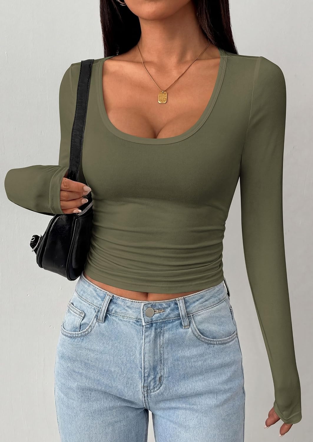 image:imagePRETTYGARDEN Womens Long Sleeve Tops 2026 Casual Scoop Neck Basic Tees Slim Fitted Tshirts Layer Knit Fall OutfitsArmy Green