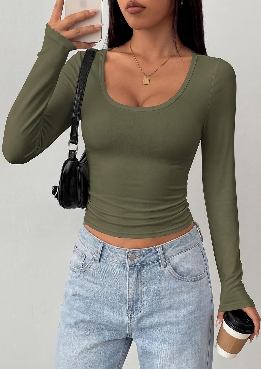 image:imagePRETTYGARDEN Womens Long Sleeve Tops 2026 Casual Scoop Neck Basic Tees Slim Fitted Tshirts Layer Knit Fall OutfitsArmy Green