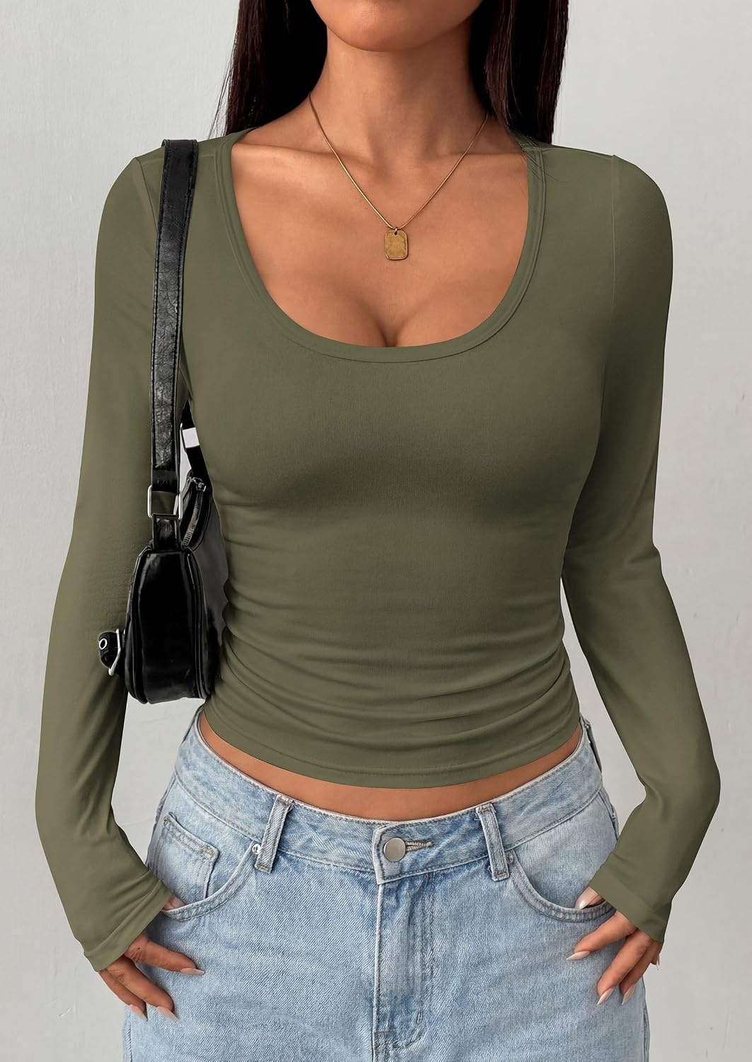 image:imagePRETTYGARDEN Womens Long Sleeve Tops 2026 Casual Scoop Neck Basic Tees Slim Fitted Tshirts Layer Knit Fall OutfitsArmy Green