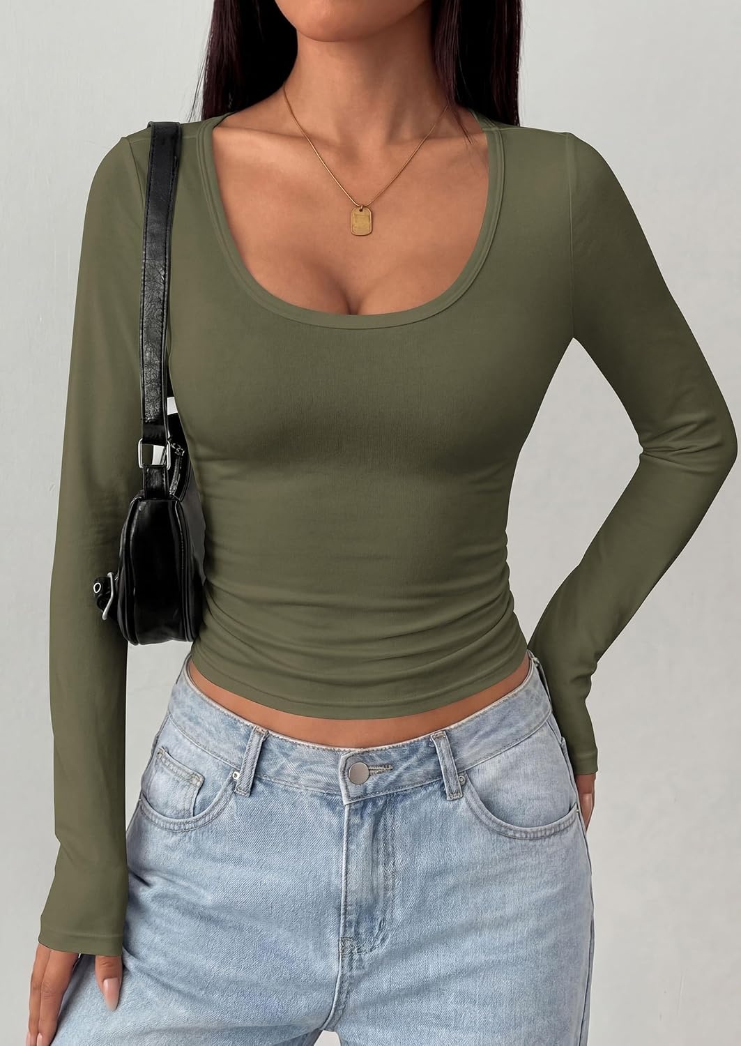 image:imagePRETTYGARDEN Womens Long Sleeve Tops 2026 Casual Scoop Neck Basic Tees Slim Fitted Tshirts Layer Knit Fall OutfitsArmy Green