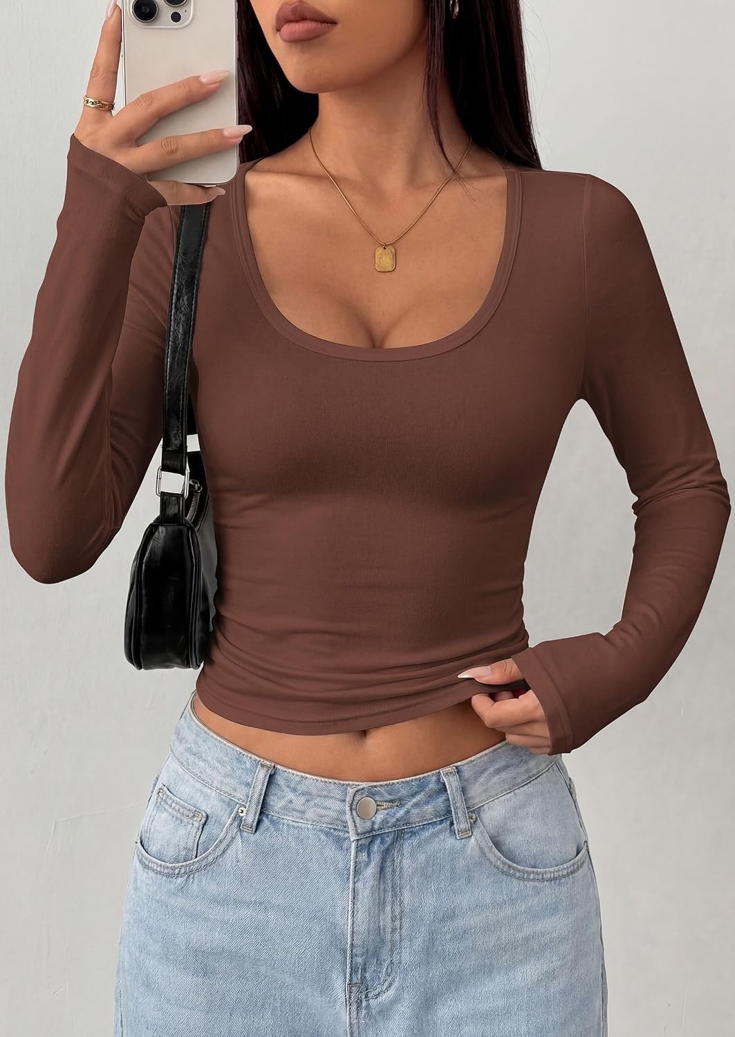 image:imagePRETTYGARDEN Womens Long Sleeve Tops 2026 Casual Scoop Neck Basic Tees Slim Fitted Tshirts Layer Knit Fall OutfitsBrown