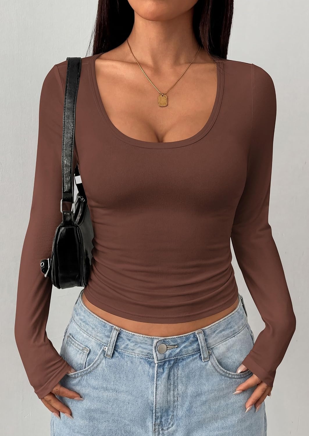 image:imagePRETTYGARDEN Womens Long Sleeve Tops 2026 Casual Scoop Neck Basic Tees Slim Fitted Tshirts Layer Knit Fall OutfitsBrown