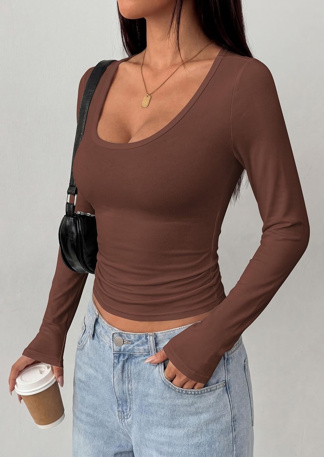 image:imagePRETTYGARDEN Womens Long Sleeve Tops 2026 Casual Scoop Neck Basic Tees Slim Fitted Tshirts Layer Knit Fall OutfitsBrown