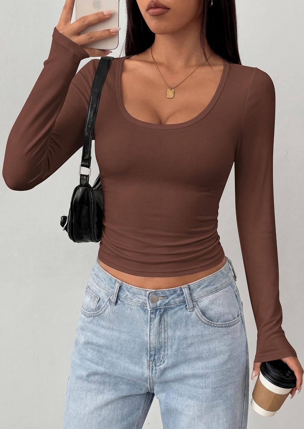 image:imagePRETTYGARDEN Womens Long Sleeve Tops 2026 Casual Scoop Neck Basic Tees Slim Fitted Tshirts Layer Knit Fall OutfitsBrown