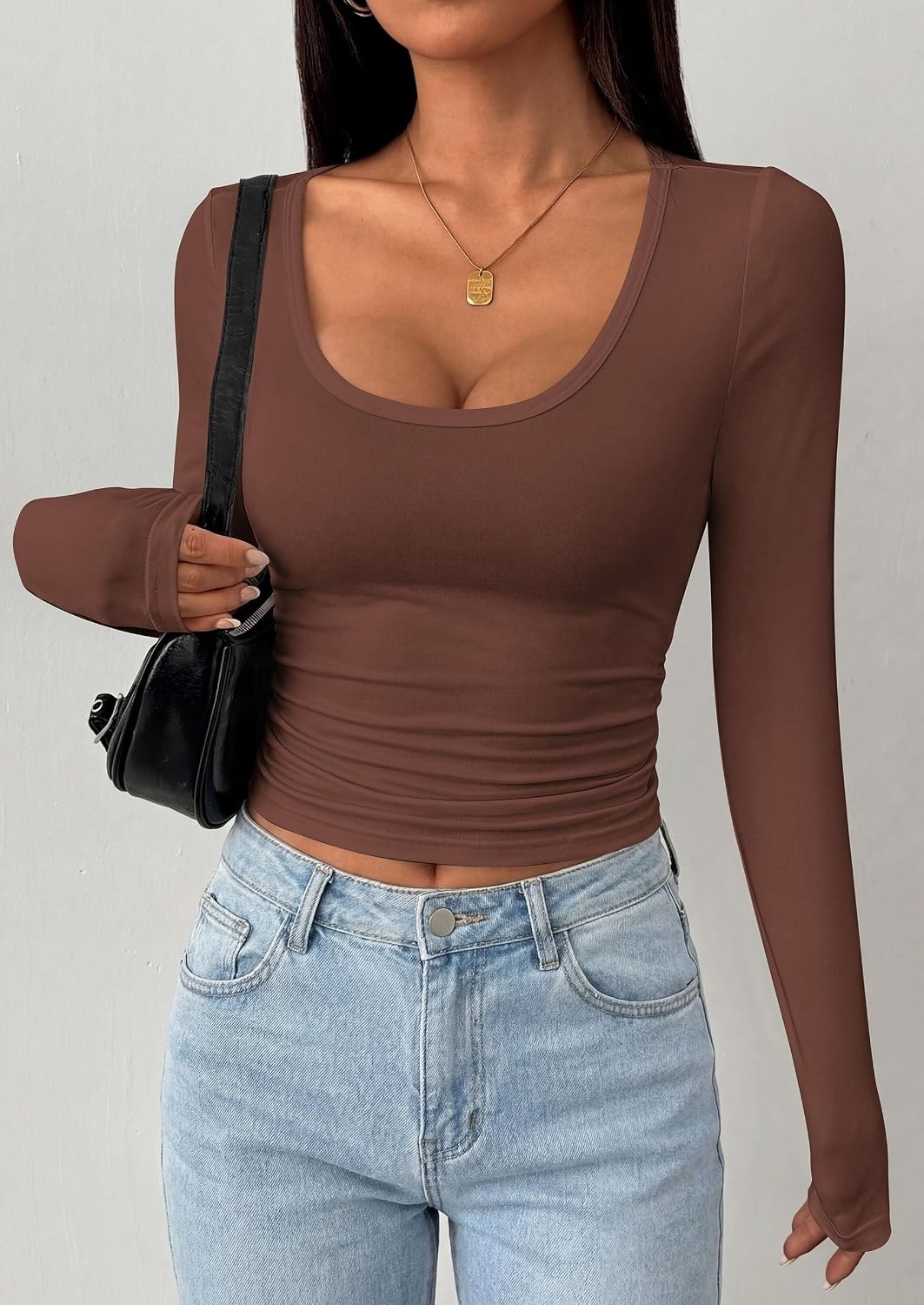 image:imagePRETTYGARDEN Womens Long Sleeve Tops 2026 Casual Scoop Neck Basic Tees Slim Fitted Tshirts Layer Knit Fall OutfitsBrown