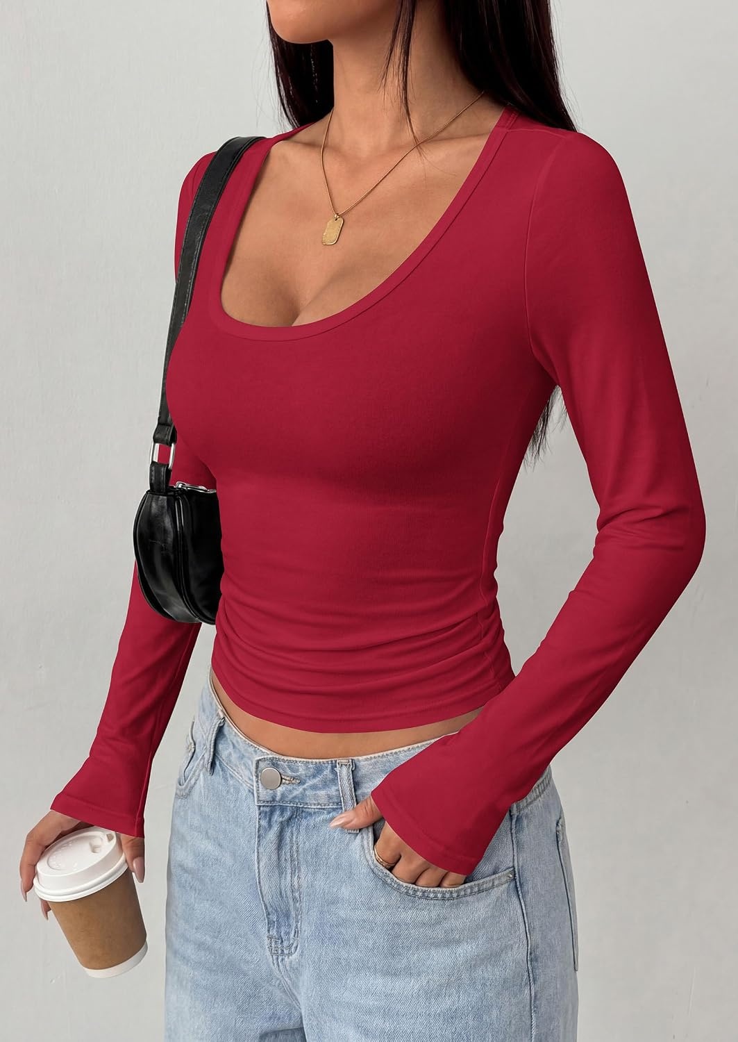 image:imagePRETTYGARDEN Womens Long Sleeve Tops 2026 Casual Scoop Neck Basic Tees Slim Fitted Tshirts Layer Knit Fall OutfitsWine Red