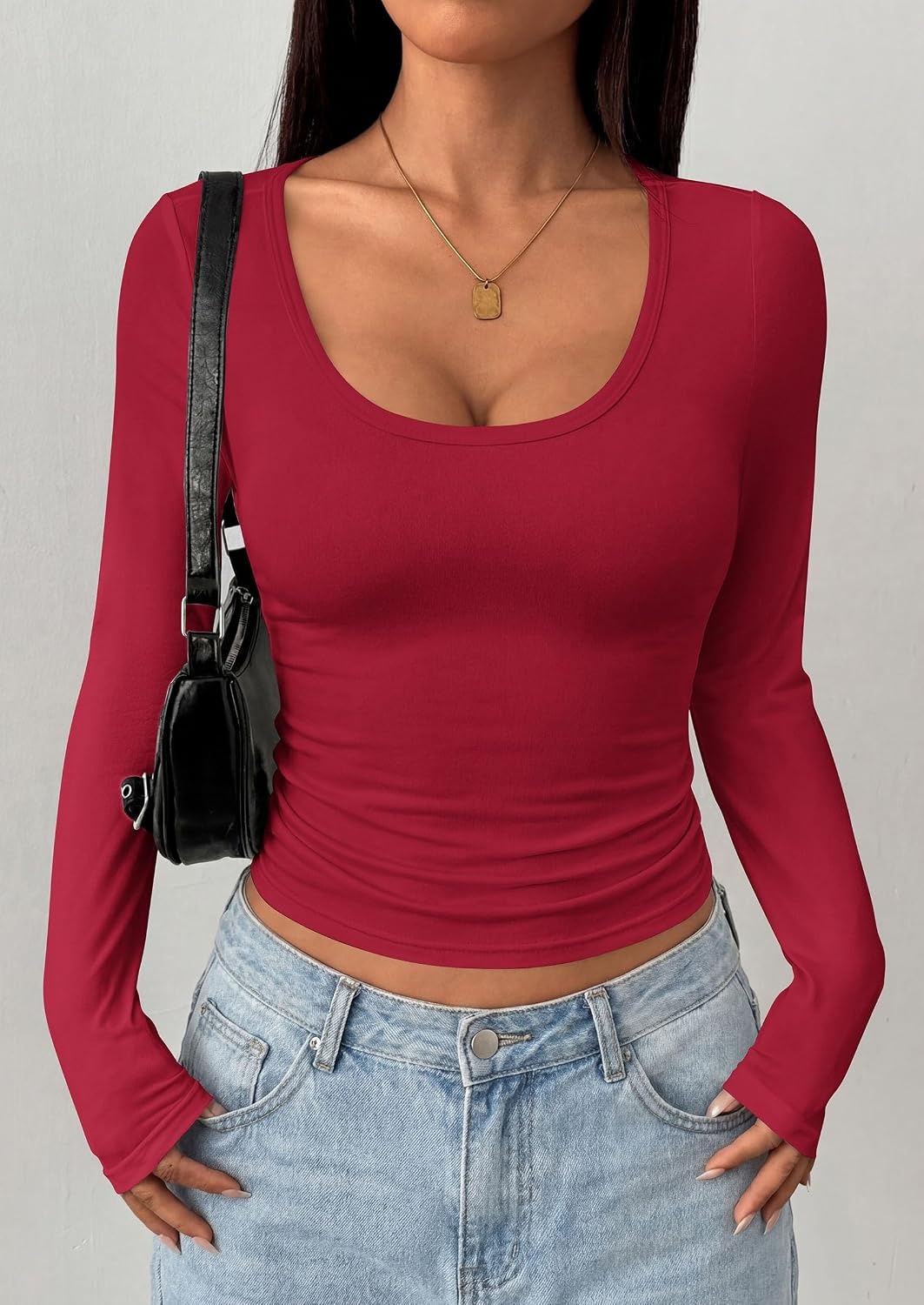 image:imagePRETTYGARDEN Womens Long Sleeve Tops 2026 Casual Scoop Neck Basic Tees Slim Fitted Tshirts Layer Knit Fall OutfitsWine Red