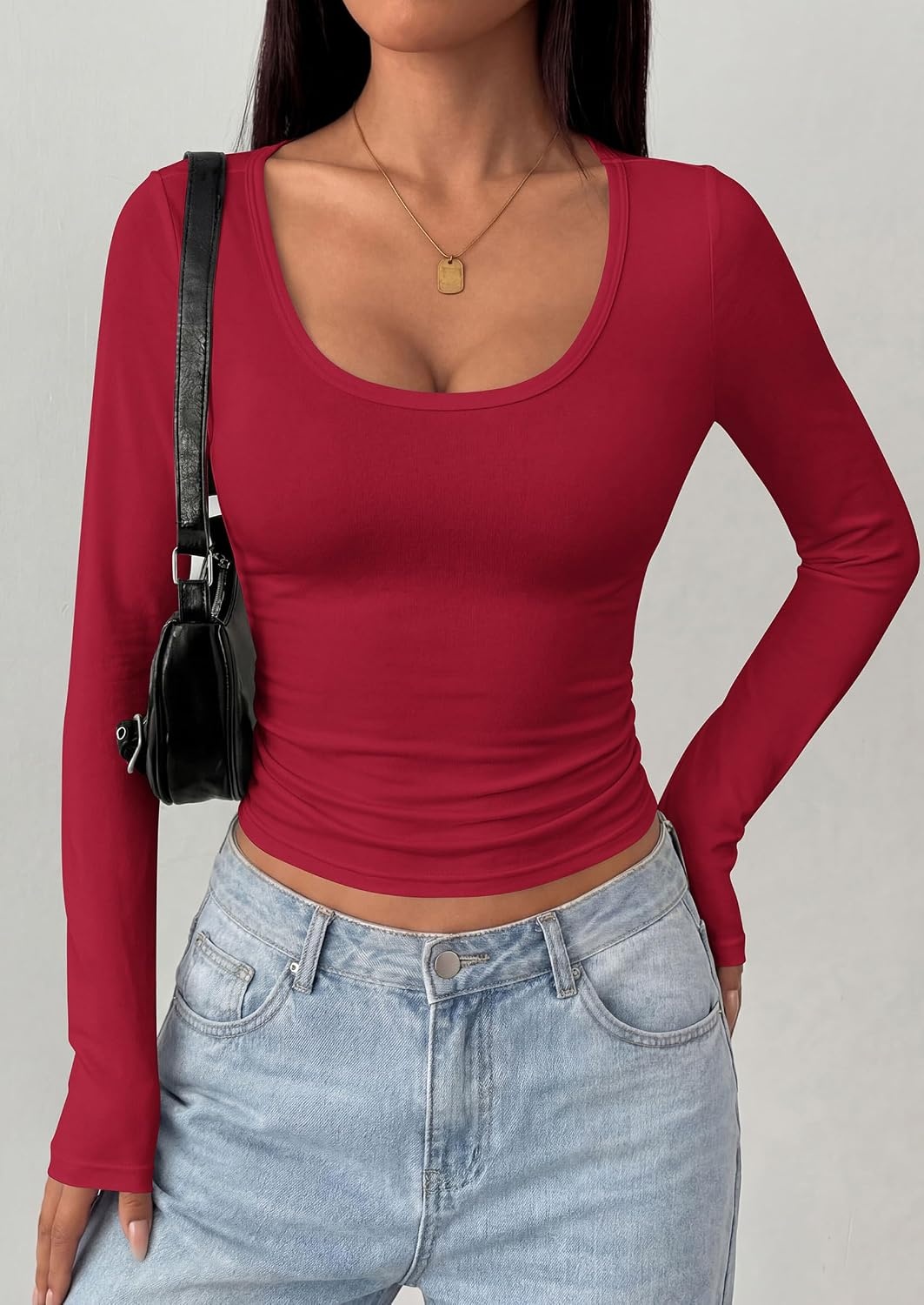 image:imagePRETTYGARDEN Womens Long Sleeve Tops 2026 Casual Scoop Neck Basic Tees Slim Fitted Tshirts Layer Knit Fall OutfitsWine Red