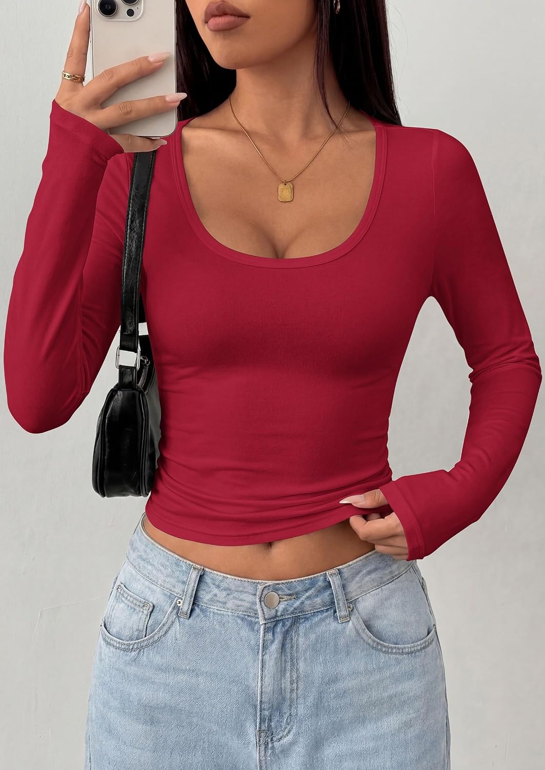 image:imagePRETTYGARDEN Womens Long Sleeve Tops 2026 Casual Scoop Neck Basic Tees Slim Fitted Tshirts Layer Knit Fall OutfitsWine Red