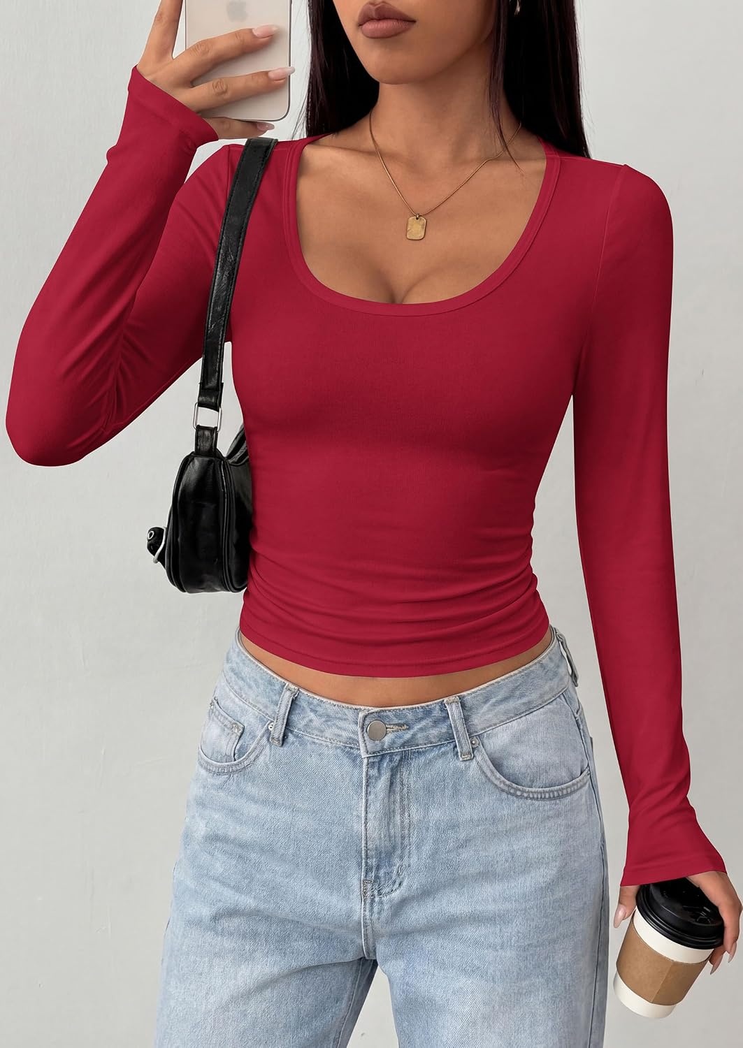 image:imagePRETTYGARDEN Womens Long Sleeve Tops 2026 Casual Scoop Neck Basic Tees Slim Fitted Tshirts Layer Knit Fall OutfitsWine Red