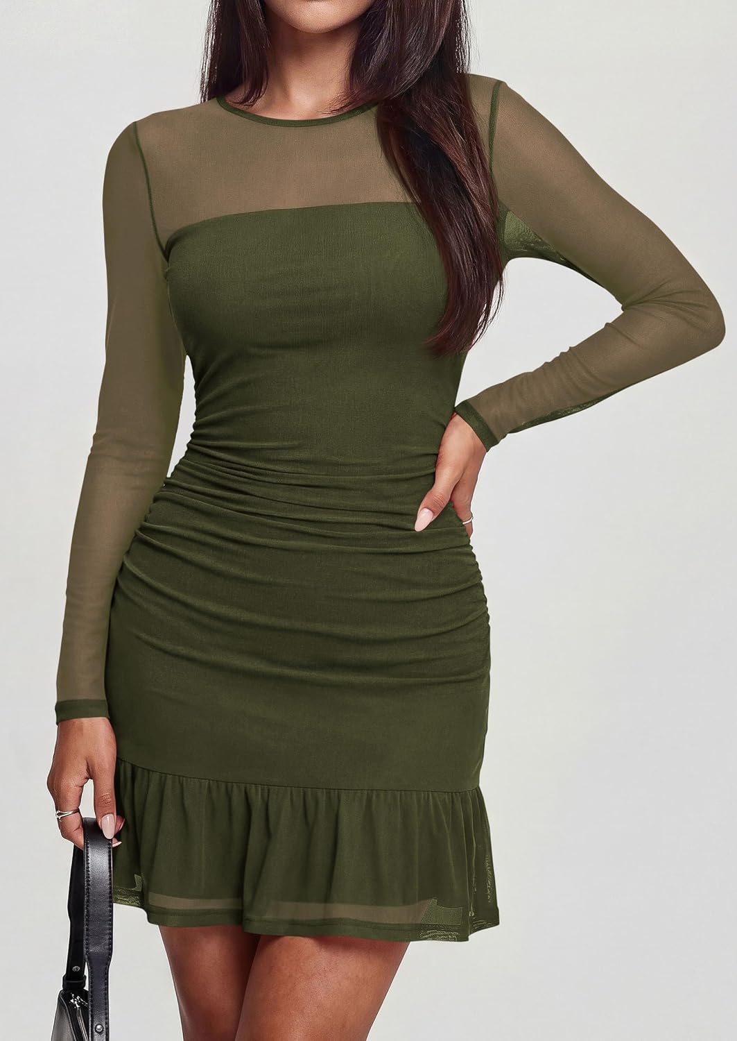 image:imagePRETTYGARDEN Womens Mesh Sheer Long Sleeve Ruched Bodycon Mini Dress 2026 Fall Cocktail Party Short Dresses with Ruffle HemArmy Green