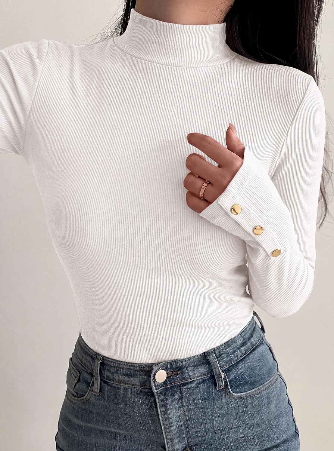 image:imagePRETTYGARDEN Womens Ribbed Mock Neck Long Sleeve Tops Slim Fitted TShirts Soft Stretch Decorative Buttons Going Out Work Casual Wear Fall Outfits Layering Winter ClothesWhite