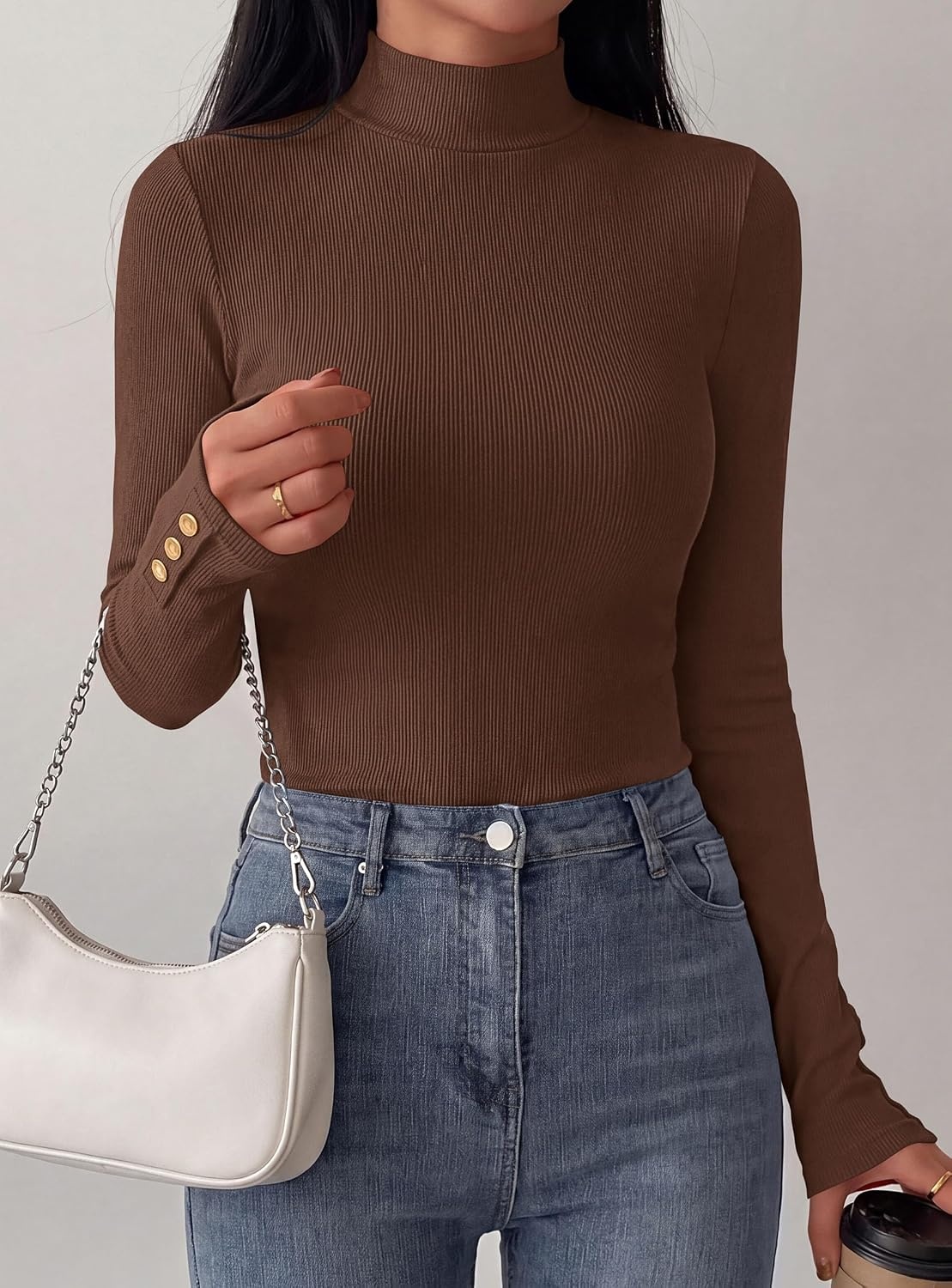 image:imagePRETTYGARDEN Womens Ribbed Mock Neck Long Sleeve Tops Slim Fitted TShirts Soft Stretch Decorative Buttons Going Out Work Casual Wear Fall Outfits Layering Winter ClothesBrown