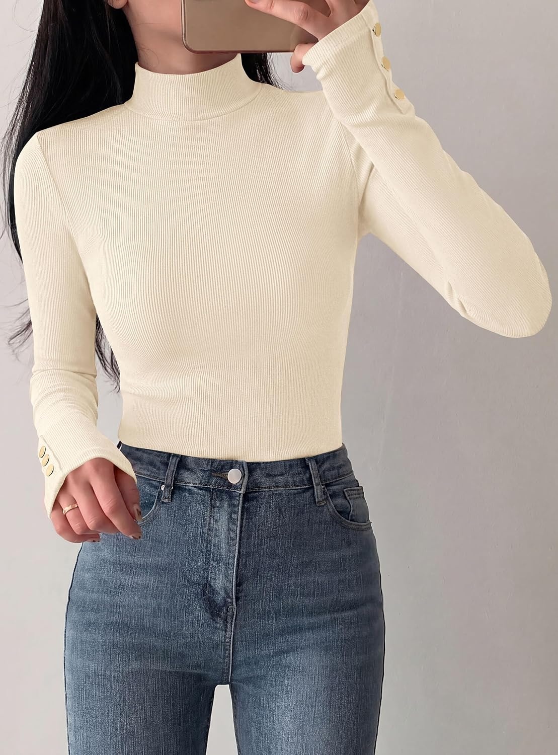 image:imagePRETTYGARDEN Womens Ribbed Mock Neck Long Sleeve Tops Slim Fitted TShirts Soft Stretch Decorative Buttons Going Out Work Casual Wear Fall Outfits Layering Winter ClothesBeige