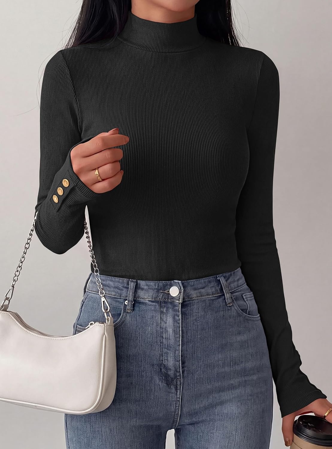 image:imagePRETTYGARDEN Womens Ribbed Mock Neck Long Sleeve Tops Slim Fitted TShirts Soft Stretch Decorative Buttons Going Out Work Casual Wear Fall Outfits Layering Winter ClothesBlack