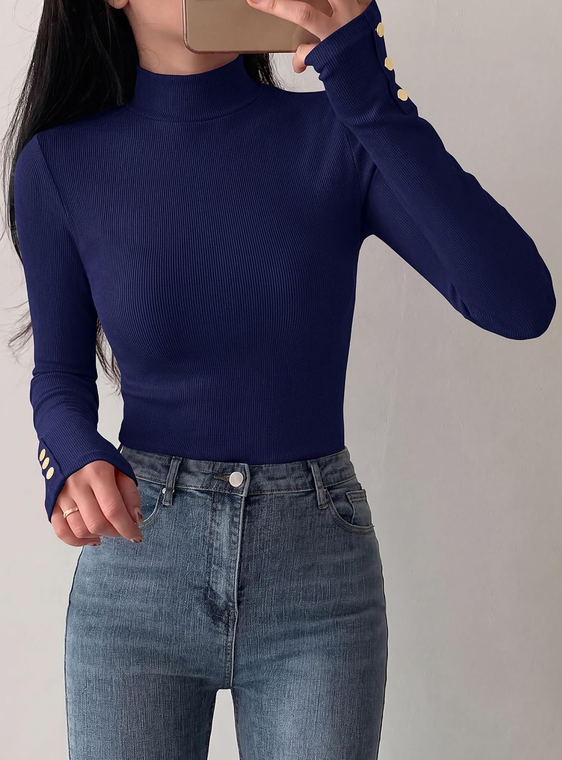 image:imagePRETTYGARDEN Womens Ribbed Mock Neck Long Sleeve Tops Slim Fitted TShirts Soft Stretch Decorative Buttons Going Out Work Casual Wear Fall Outfits Layering Winter ClothesNavy Blue