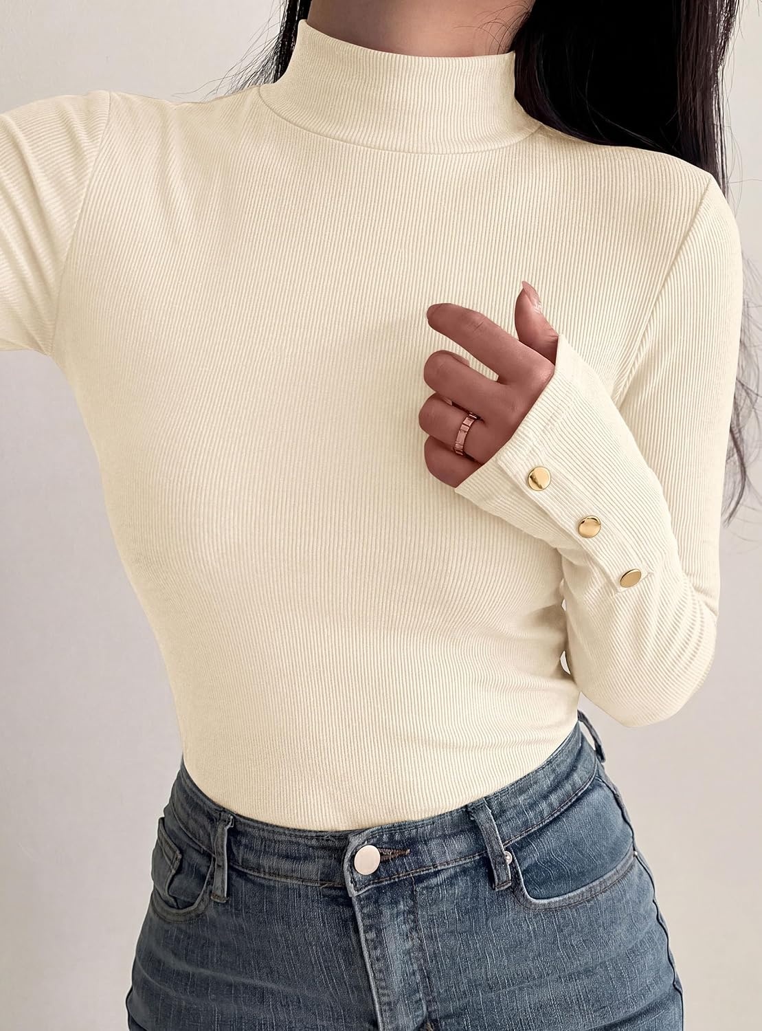 image:imagePRETTYGARDEN Womens Ribbed Mock Neck Long Sleeve Tops Slim Fitted TShirts Soft Stretch Decorative Buttons Going Out Work Casual Wear Fall Outfits Layering Winter ClothesBeige