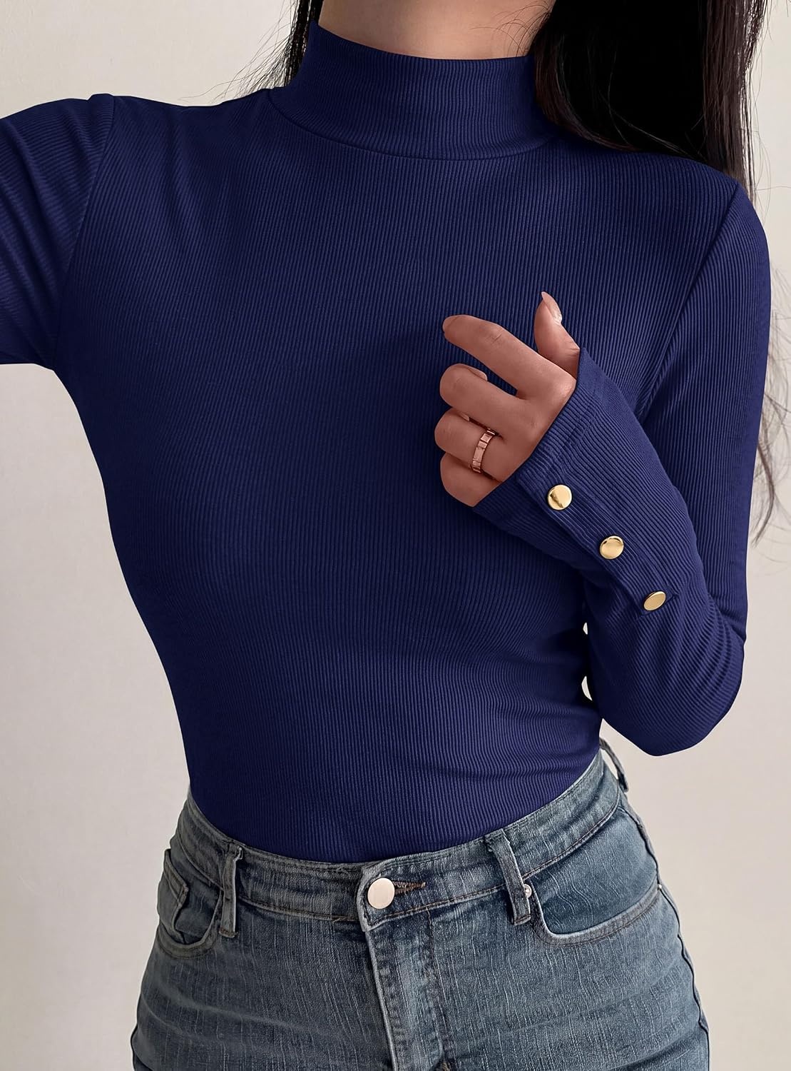 image:imagePRETTYGARDEN Womens Ribbed Mock Neck Long Sleeve Tops Slim Fitted TShirts Soft Stretch Decorative Buttons Going Out Work Casual Wear Fall Outfits Layering Winter ClothesNavy Blue
