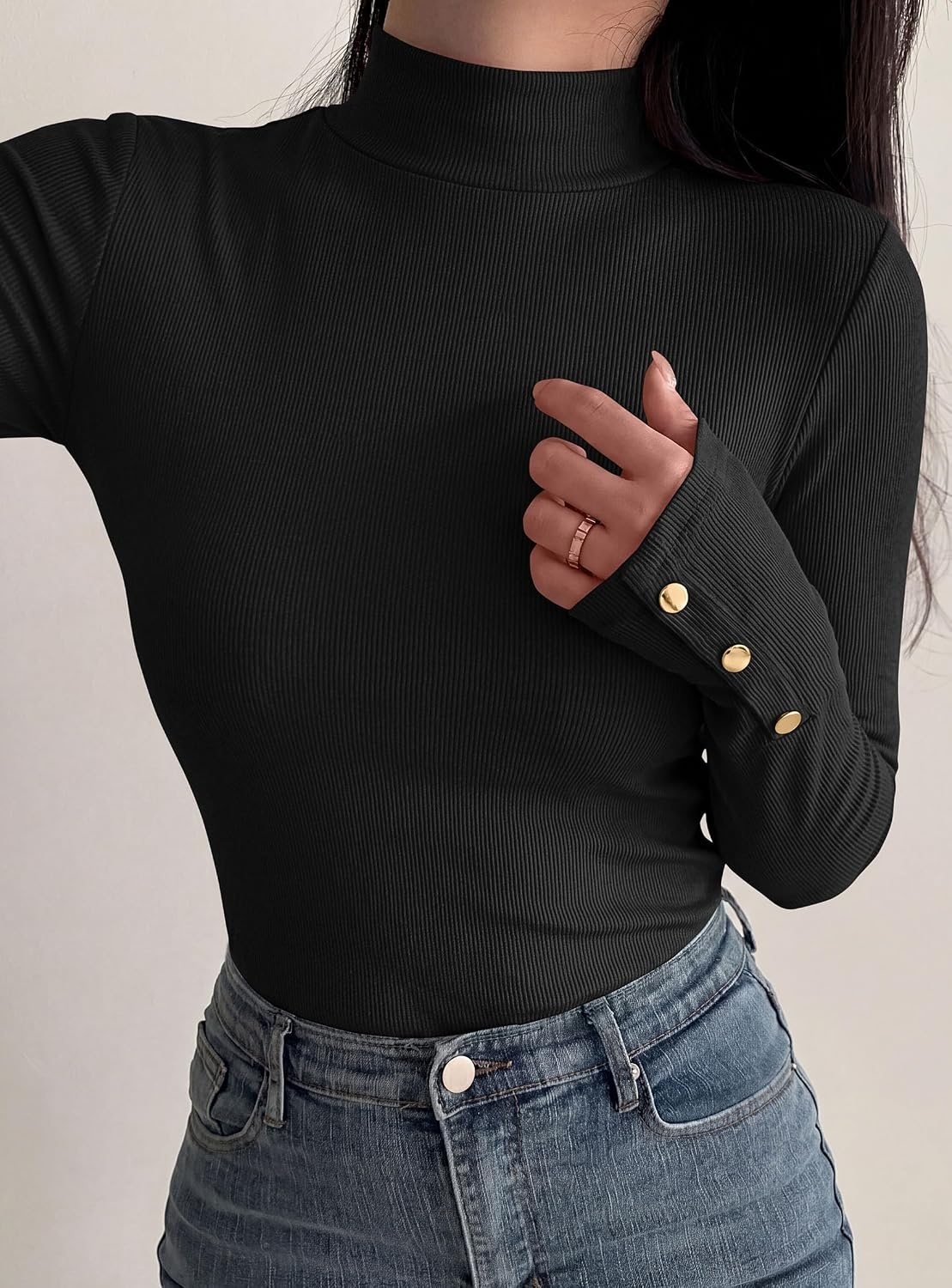 image:imagePRETTYGARDEN Womens Ribbed Mock Neck Long Sleeve Tops Slim Fitted TShirts Soft Stretch Decorative Buttons Going Out Work Casual Wear Fall Outfits Layering Winter ClothesBlack