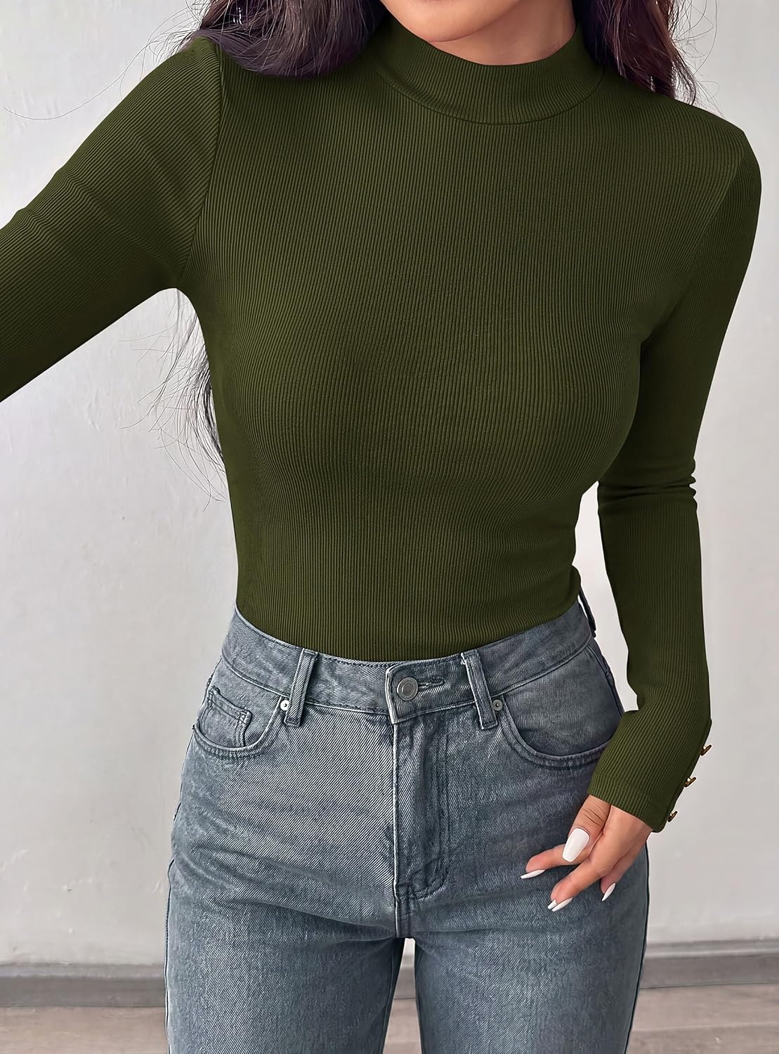 image:imagePRETTYGARDEN Womens Ribbed Mock Neck Long Sleeve Tops Slim Fitted TShirts Soft Stretch Decorative Buttons Going Out Work Casual Wear Fall Outfits Layering Winter ClothesArmy Green