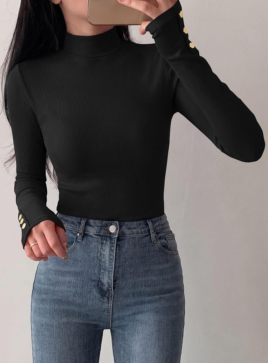 image:imagePRETTYGARDEN Womens Ribbed Mock Neck Long Sleeve Tops Slim Fitted TShirts Soft Stretch Decorative Buttons Going Out Work Casual Wear Fall Outfits Layering Winter ClothesBlack